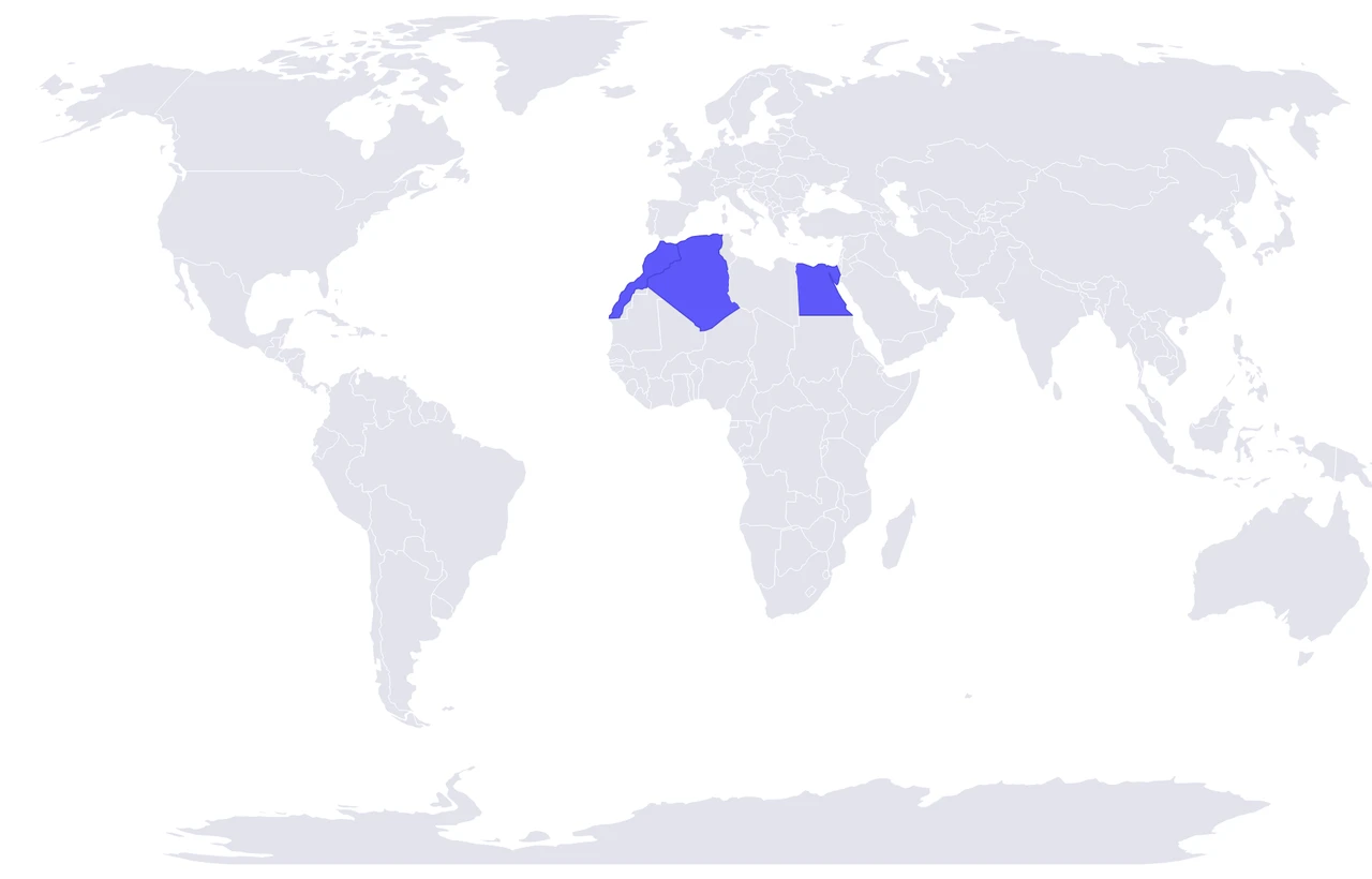 Carte des pays pris en charge par Takka Store : international, Algérie, Égypte et Maroc